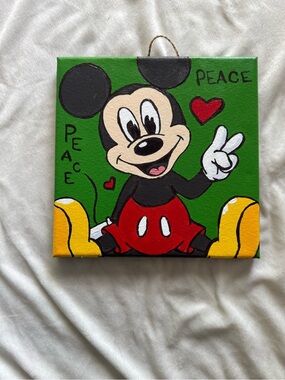 Mickey Mouse Peace Canvas Art - Green, Red, Yellow 8 in by 8 in